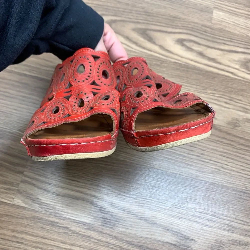 Spring Step Leather Wedge Sandals Labarnas‎ Red Size 41 US 10